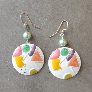 Vintage 80s Handmade Repurposed White Colorful Geometric Circle Disc Earrings